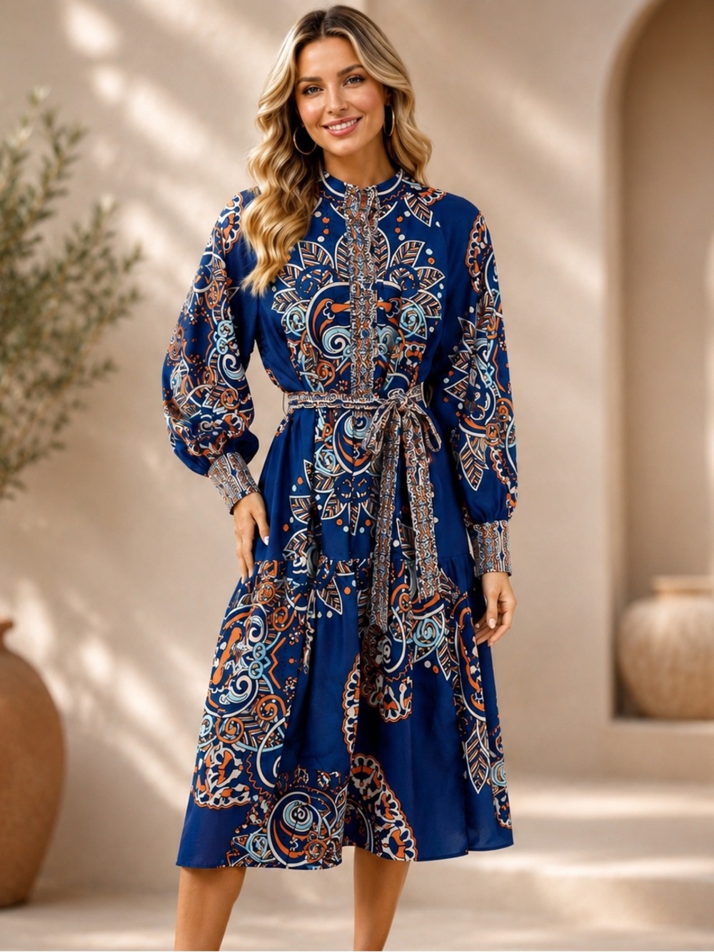 Beulah NWOT Blue Paisley Boho Midi Dress Tie Waist Long Sleeve